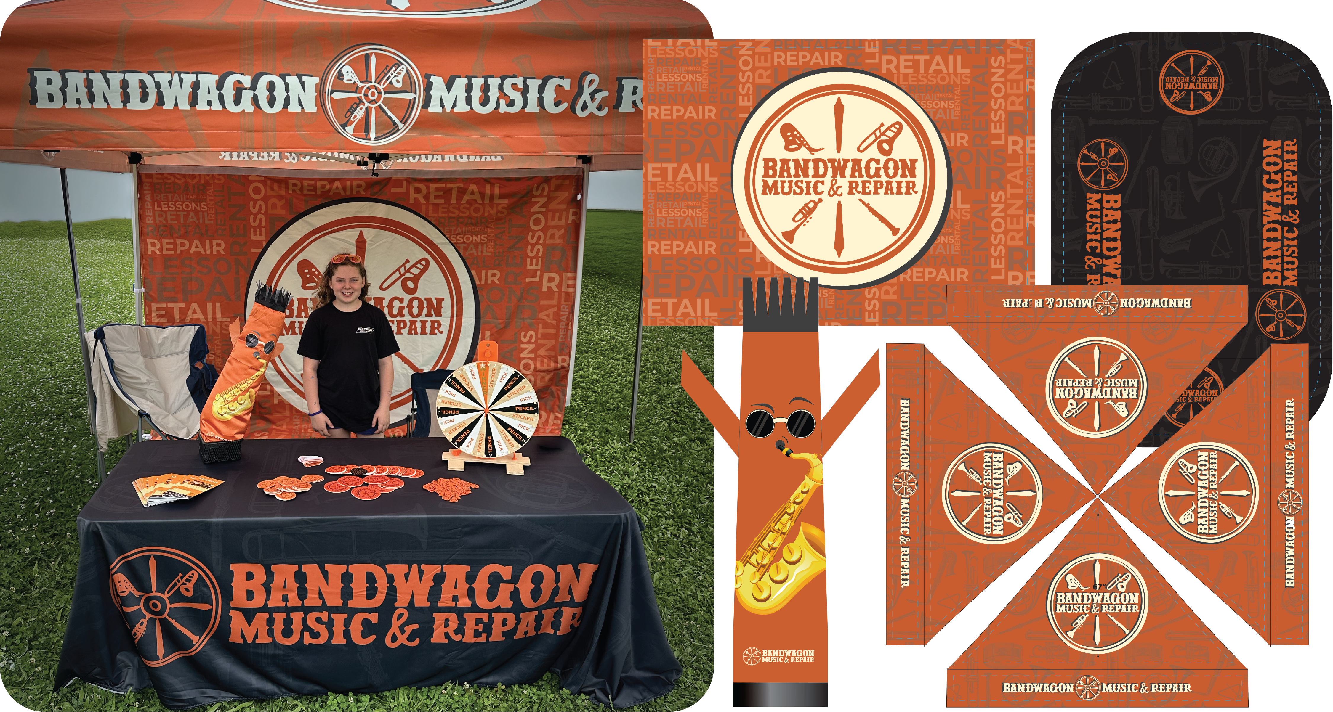 Event branding and promotional design for Bandwagon Music & Repair featuring an in-use festival booth alongside flat merchandise and print layouts including signage, table graphics, and inflatable tube man.