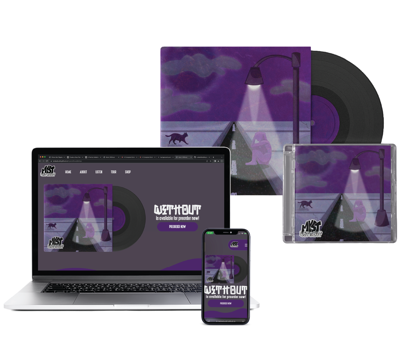 Myst: Without branding mockup featuring album Packaging, vinyl record, CD case, and Responsive Website designs displayed across desktop and mobile screens.