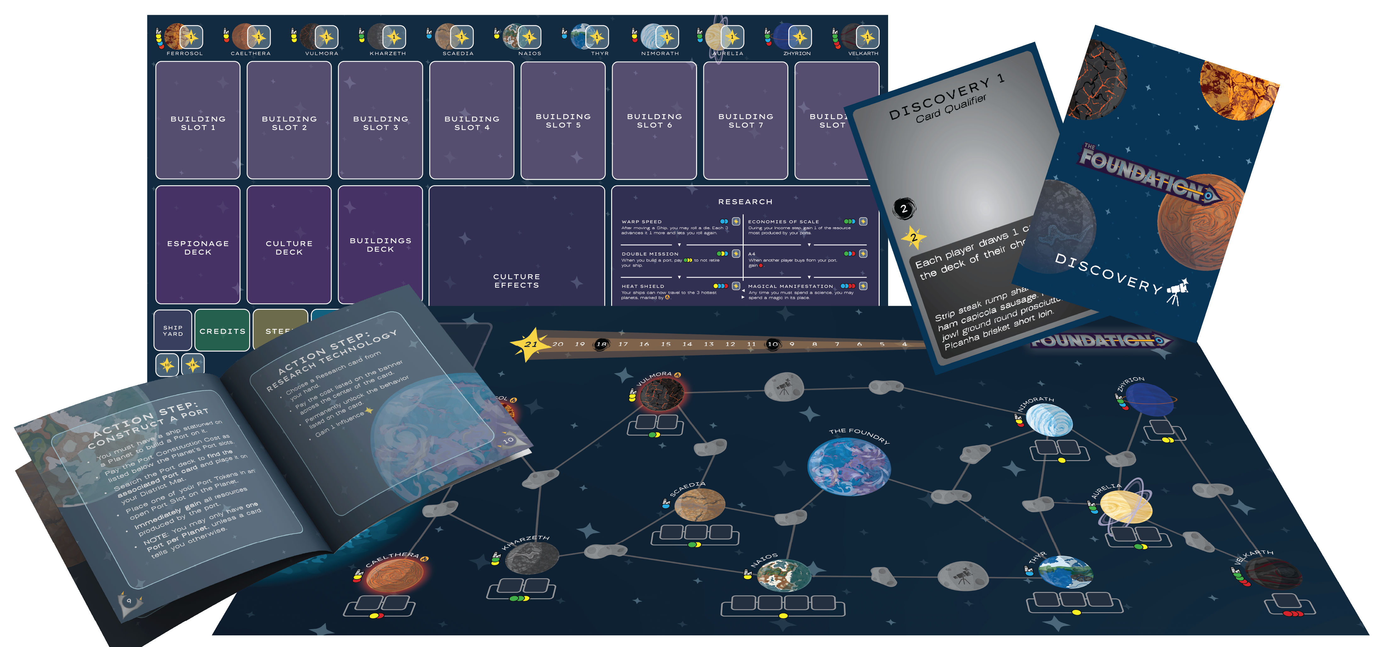 Board game design mockup for The Foundation featuring a space-themed game board, discovery cards, and rulebook layouts with sci-fi inspired UI, iconography, and planetary artwork.