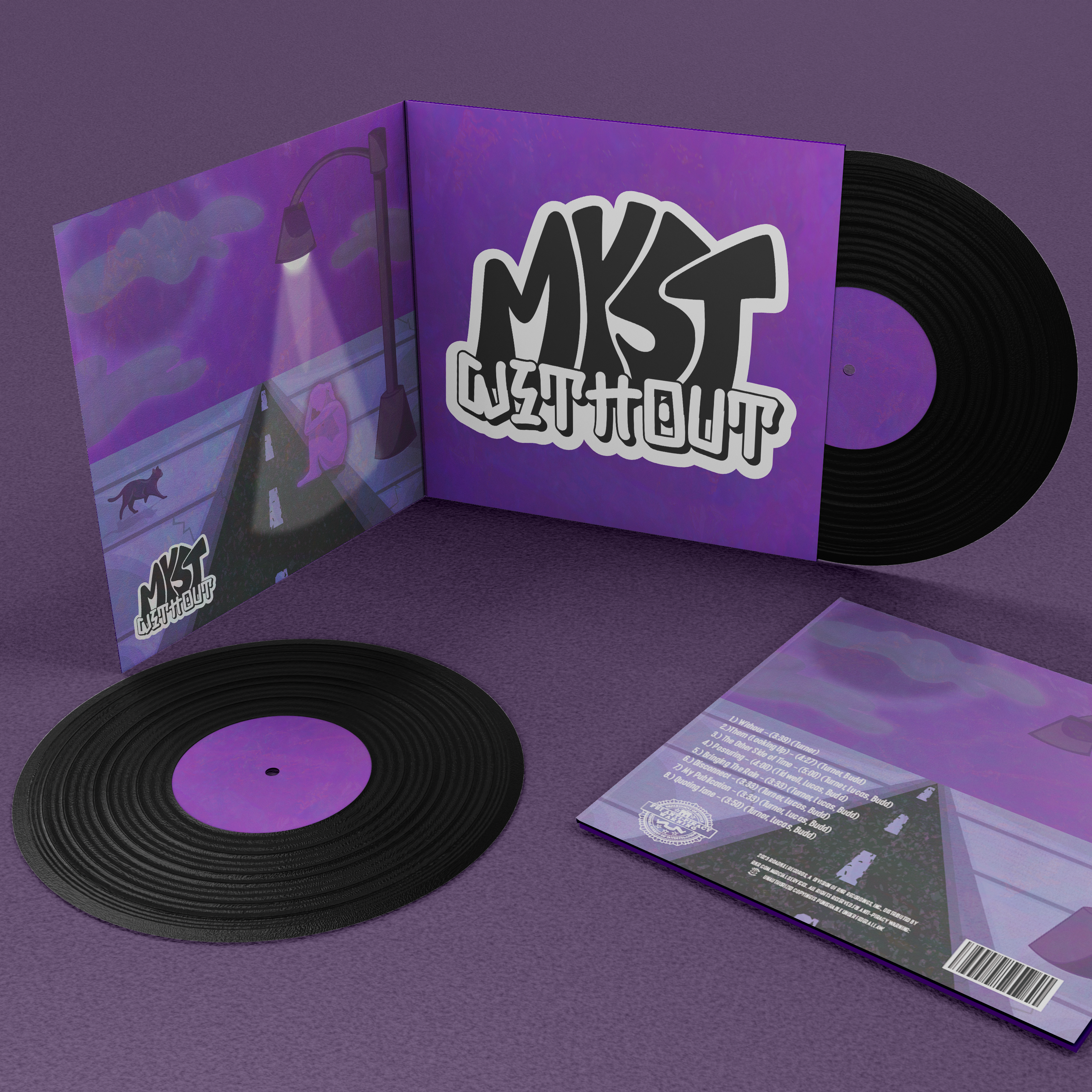 Vinyl packaging mockup for Myst: Without featuring illustrated album artwork and record sleeves.